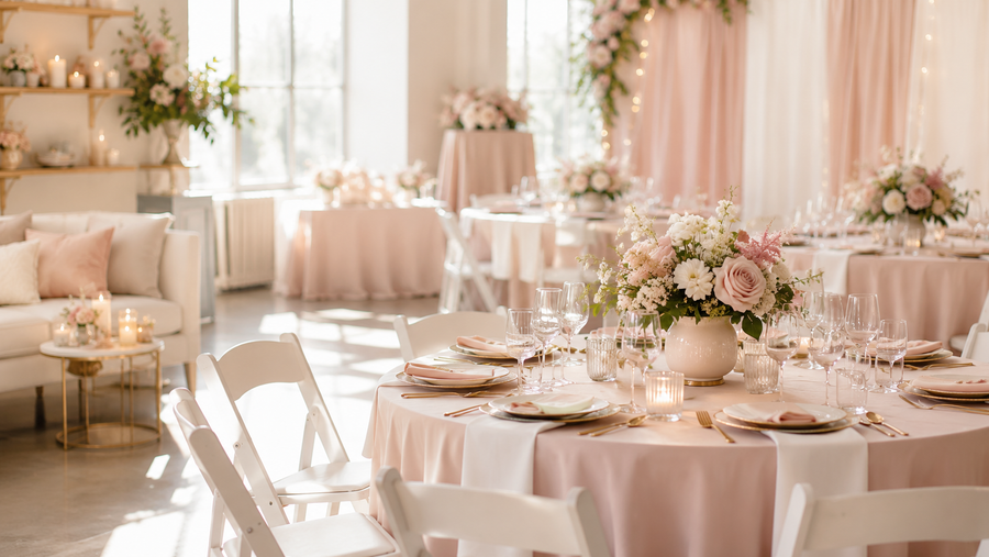 Event rental setup with tables, chairs, linens, and decorated tablescape